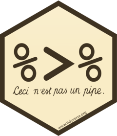 Logo do pacote [**magrittr**](https://github.com/tidyverse/magrittr) com a frase ***Ceci n'est pas une pipe*** ([**ouça a pronuncia**](files/audio_magrittr.ogg), mesmo frase que acompanha a pintura ***La trahison des images*** de [**René Magritte**](https://pt.wikipedia.org/wiki/Ren%C3%A9_Magritte).